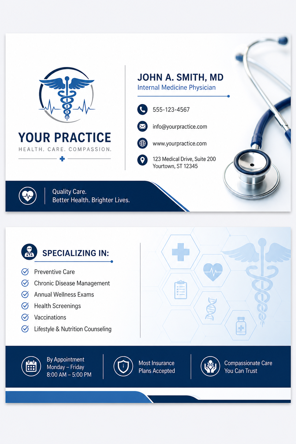 Medical Business Card — corporate style business card design, featuring caduceus, stethoscope, clean white/blue palette, healthcare imagery