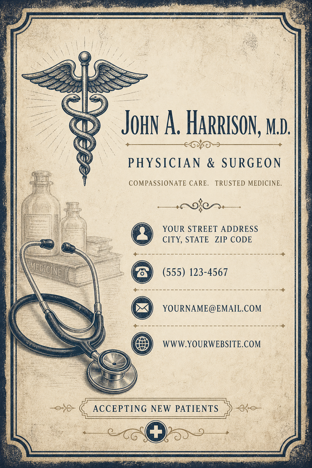 Medical Business Card — vintage style business card design, featuring caduceus, stethoscope, clean white/blue palette, healthcare imagery