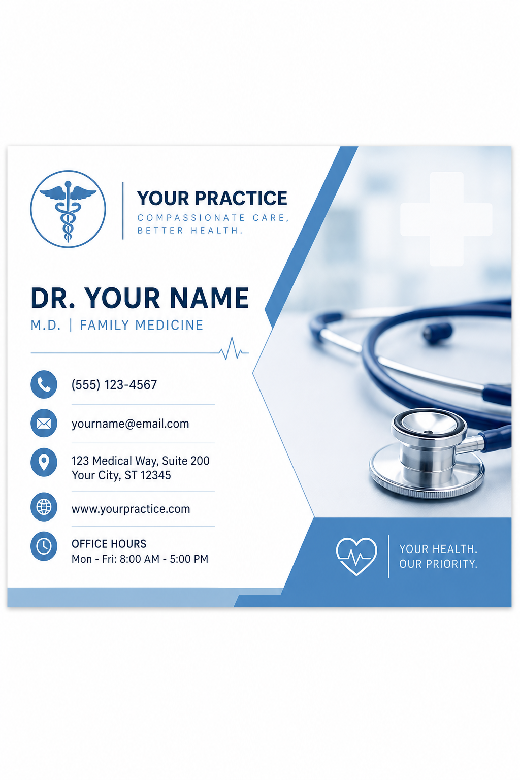 Medical Business Card — modern style business card design, featuring caduceus, stethoscope, clean white/blue palette, healthcare imagery