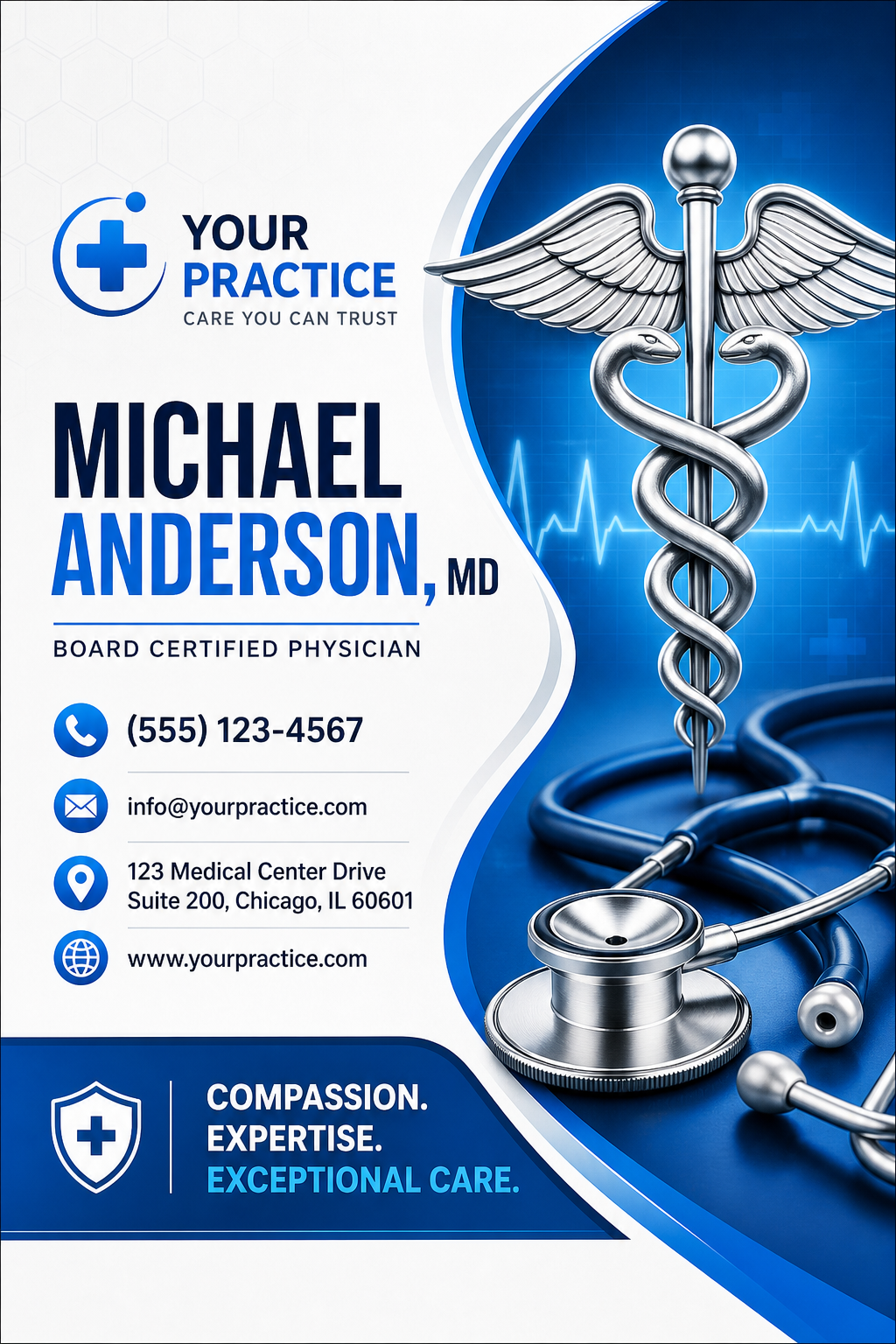 Medical Business Card — vibrant style business card design, featuring caduceus, stethoscope, clean white/blue palette, healthcare imagery