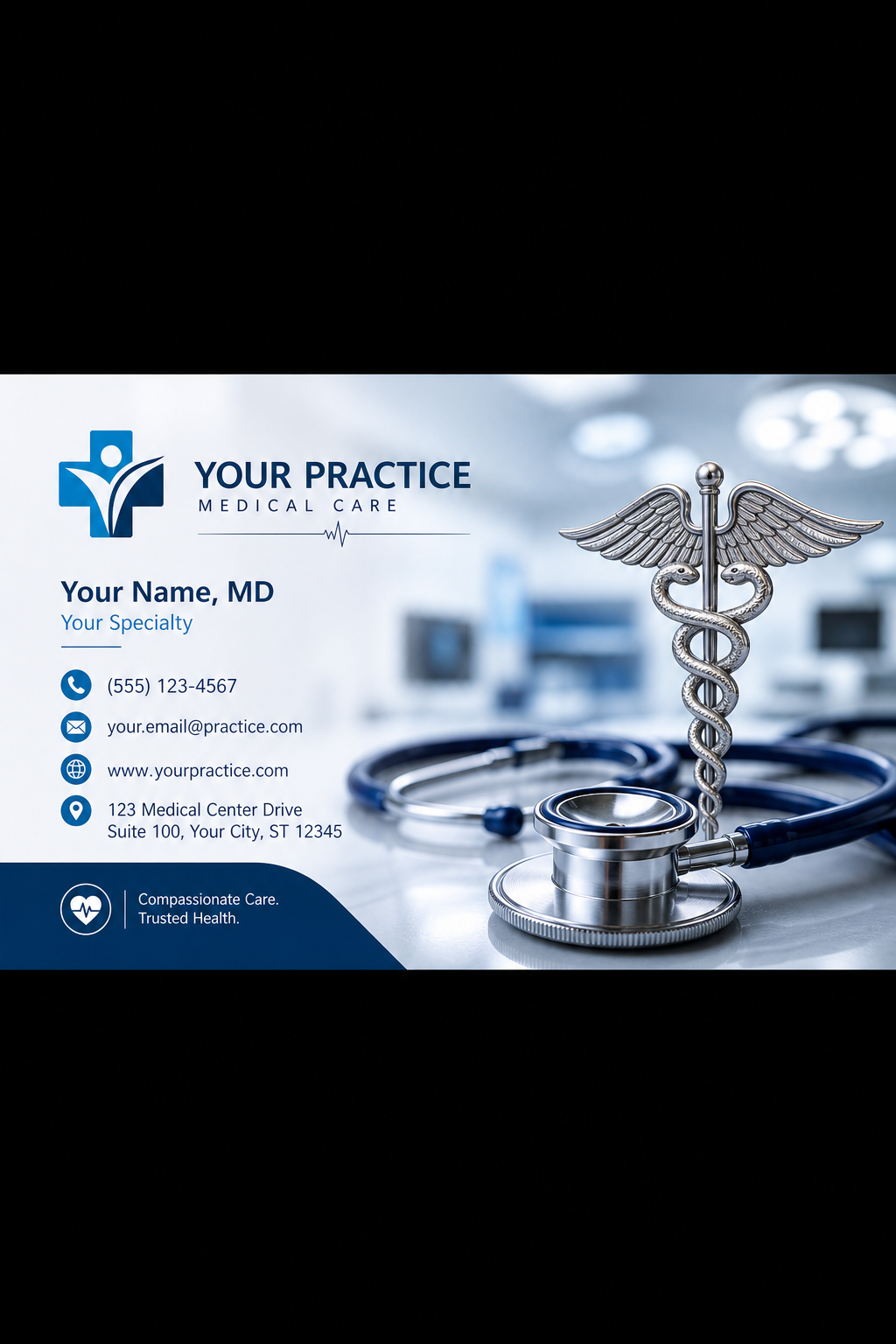 Medical Business Card — photo-realistic style business card design, featuring caduceus, stethoscope, clean white/blue palette, healthcare imagery