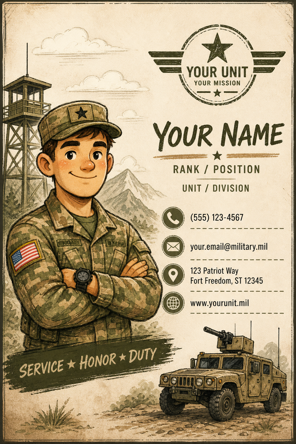 Military Business Card — illustration style business card design