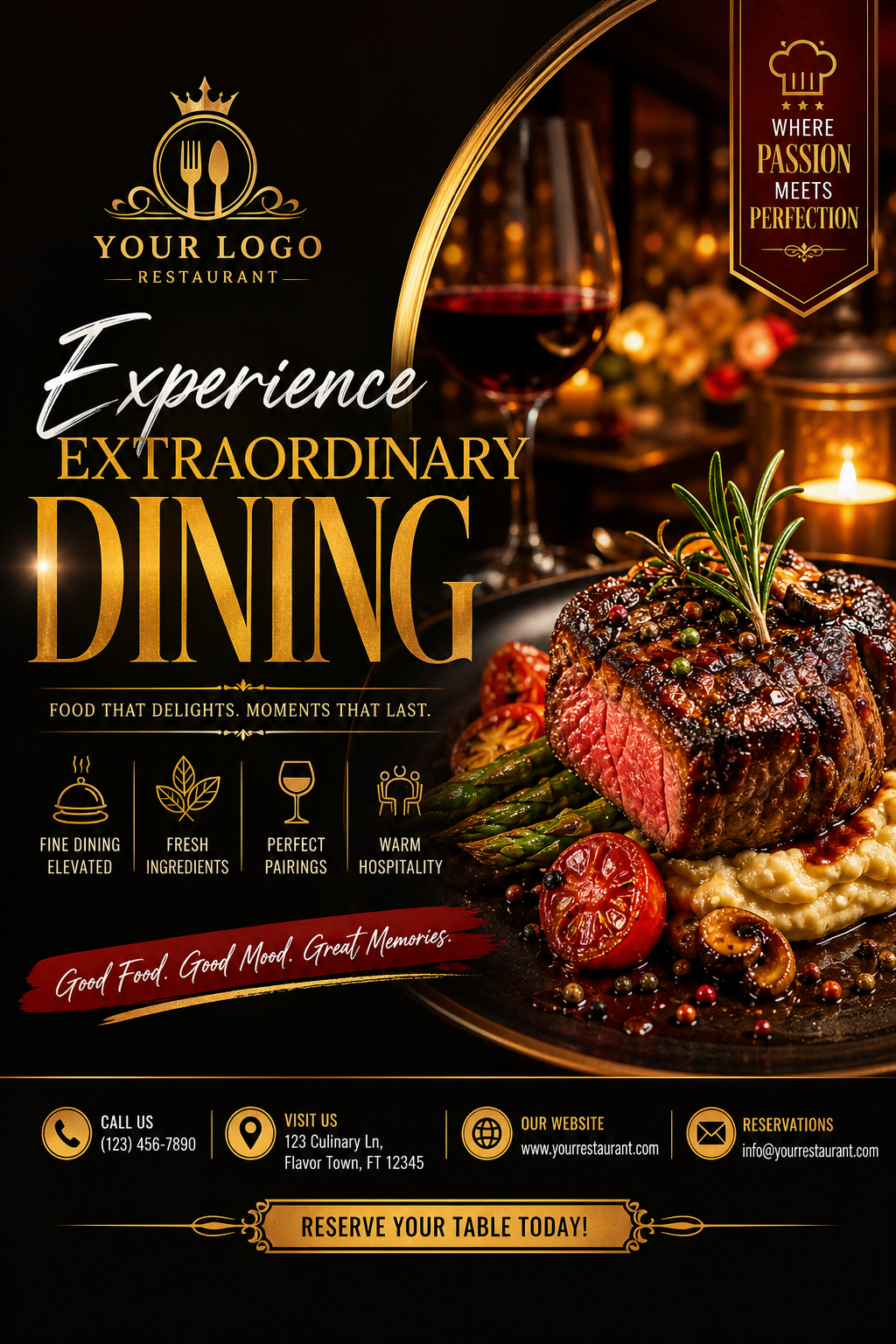 Restaurant Flyer — vibrant style business card design, featuring culinary imagery, fine dining, elegant typography, warm gold tones