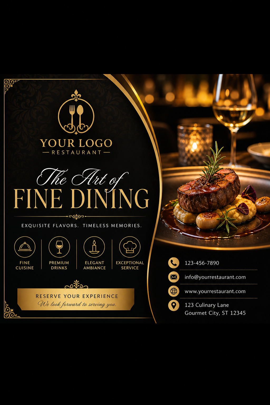 Restaurant Flyer — elegant style business card design, featuring culinary imagery, fine dining, elegant typography, warm gold tones