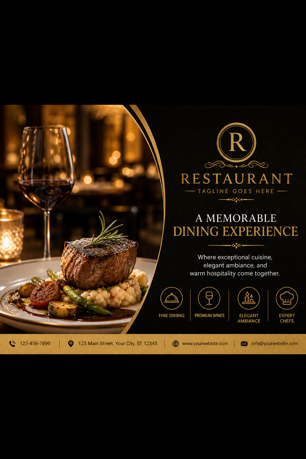 Restaurant Flyer — photo-realistic style business card design, featuring culinary imagery, fine dining, elegant typography, warm gold tones