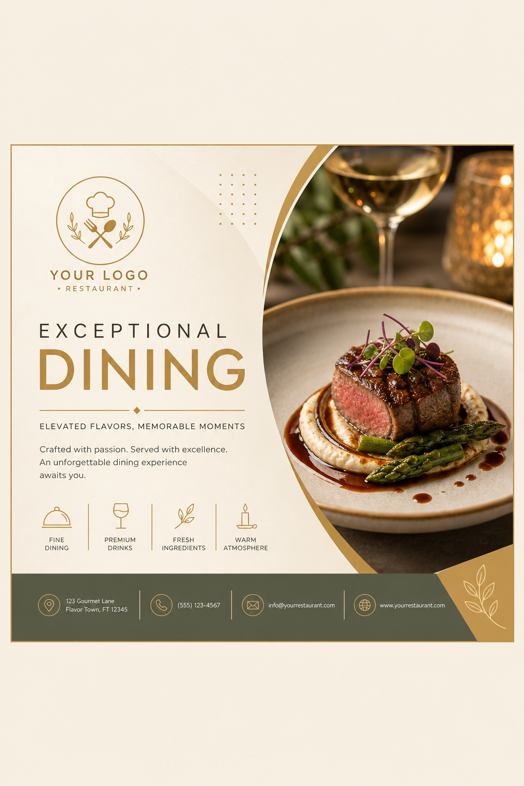 Restaurant Flyer — modern style business card design, featuring culinary imagery, fine dining, elegant typography, warm gold tones
