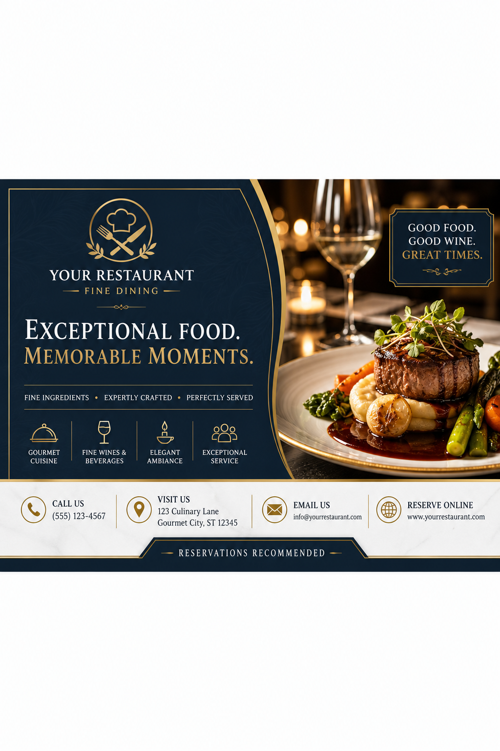 Restaurant Flyer — corporate style business card design, featuring culinary imagery, fine dining, elegant typography, warm gold tones