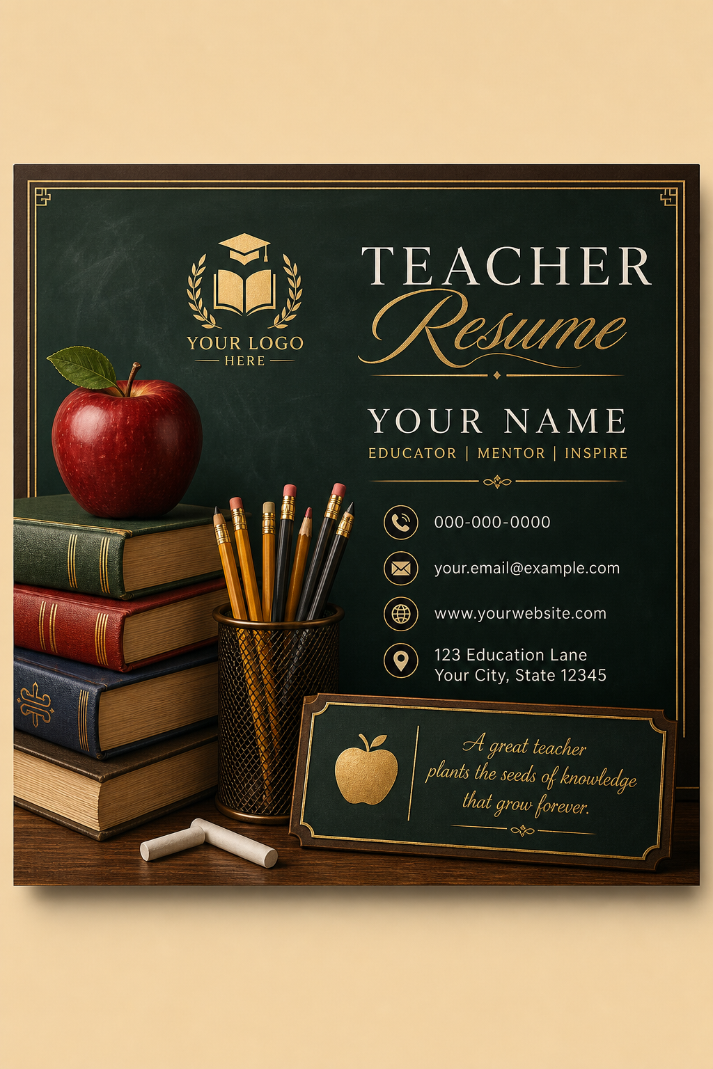 Teacher Resume — elegant style business card design, featuring books, pencils, apple, chalkboard, warm scholarly palette