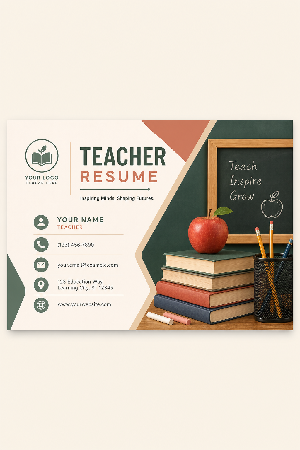 Teacher Resume — modern style business card design, featuring books, pencils, apple, chalkboard, warm scholarly palette