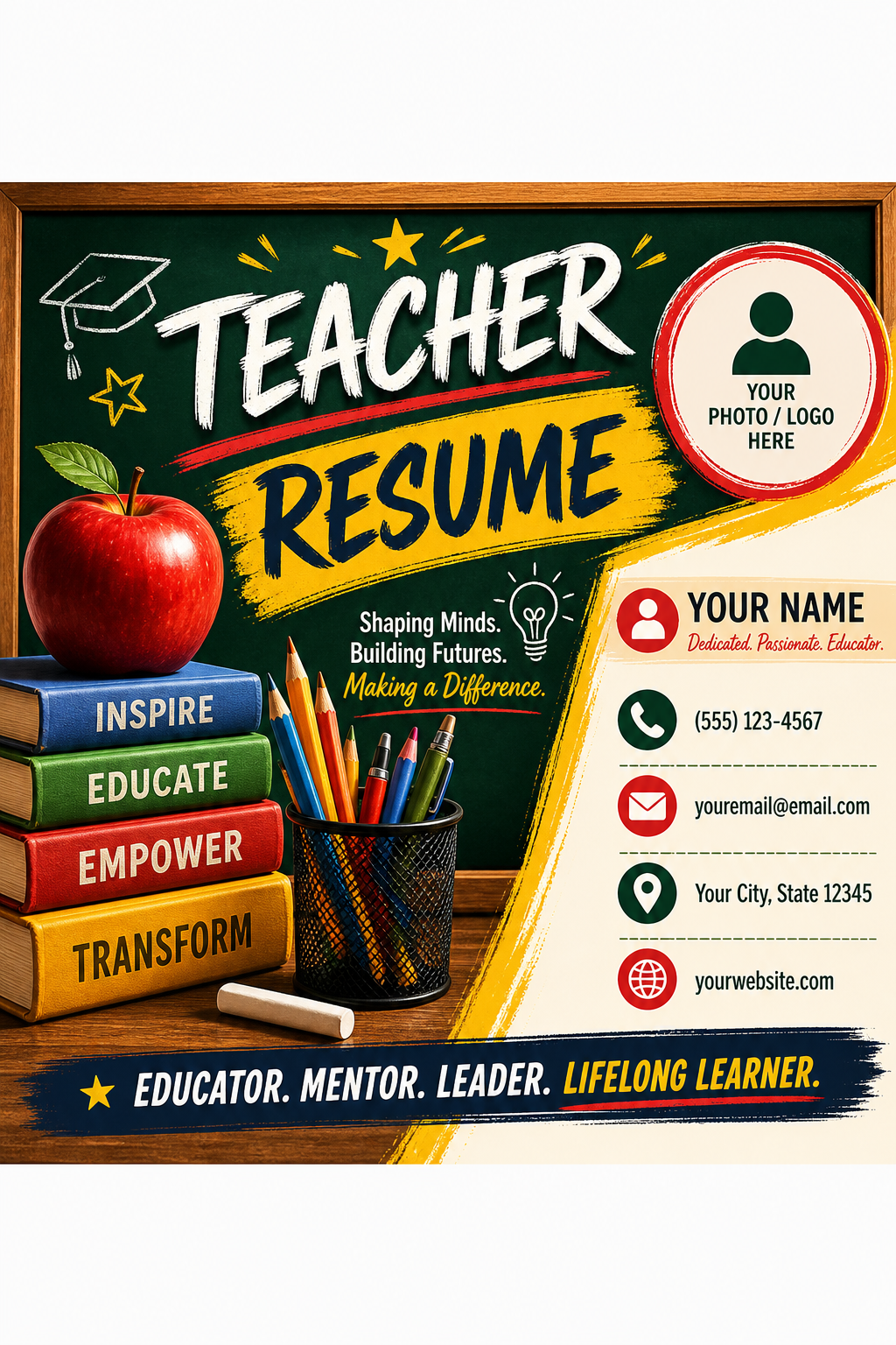 Teacher Resume — vibrant style business card design, featuring books, pencils, apple, chalkboard, warm scholarly palette