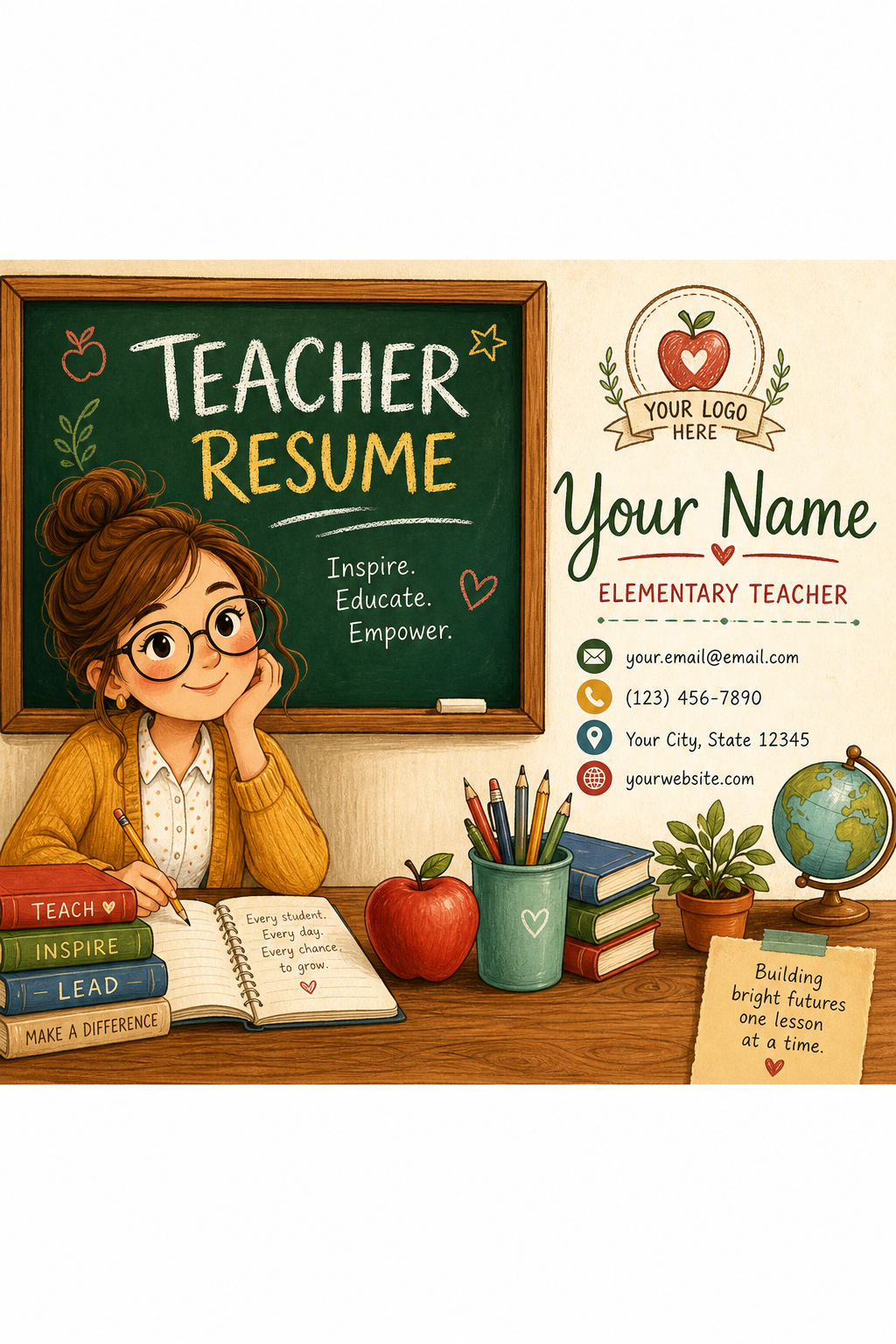 Teacher Resume — illustration style business card design, featuring books, pencils, apple, chalkboard, warm scholarly palette