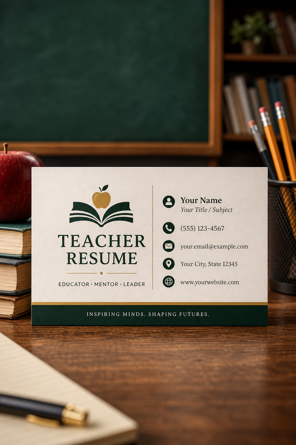 Teacher Resume — photo-realistic style business card design, featuring books, pencils, apple, chalkboard, warm scholarly palette