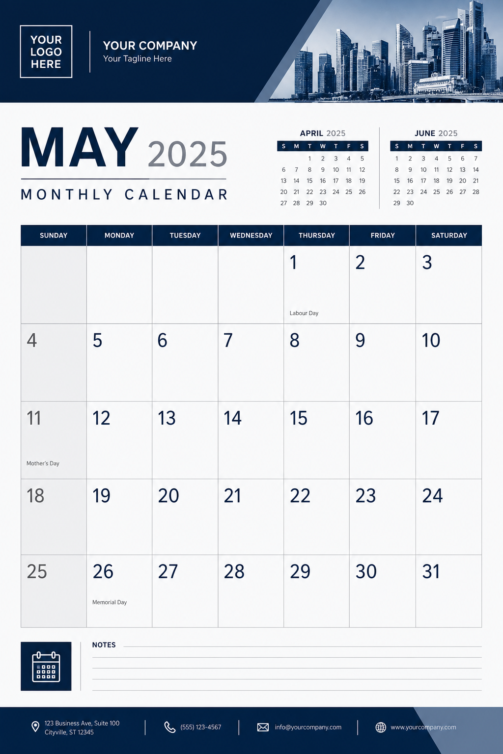 Monthly Calendar — corporate style calendar page