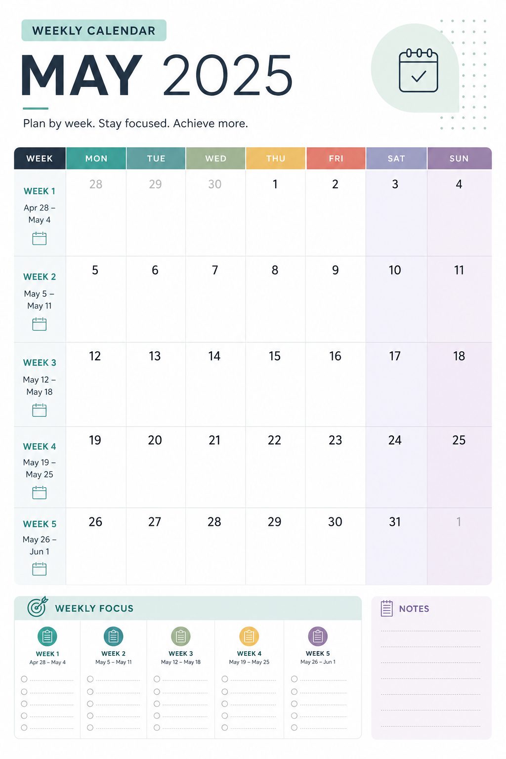 Weekly Calendar — modern style calendar page