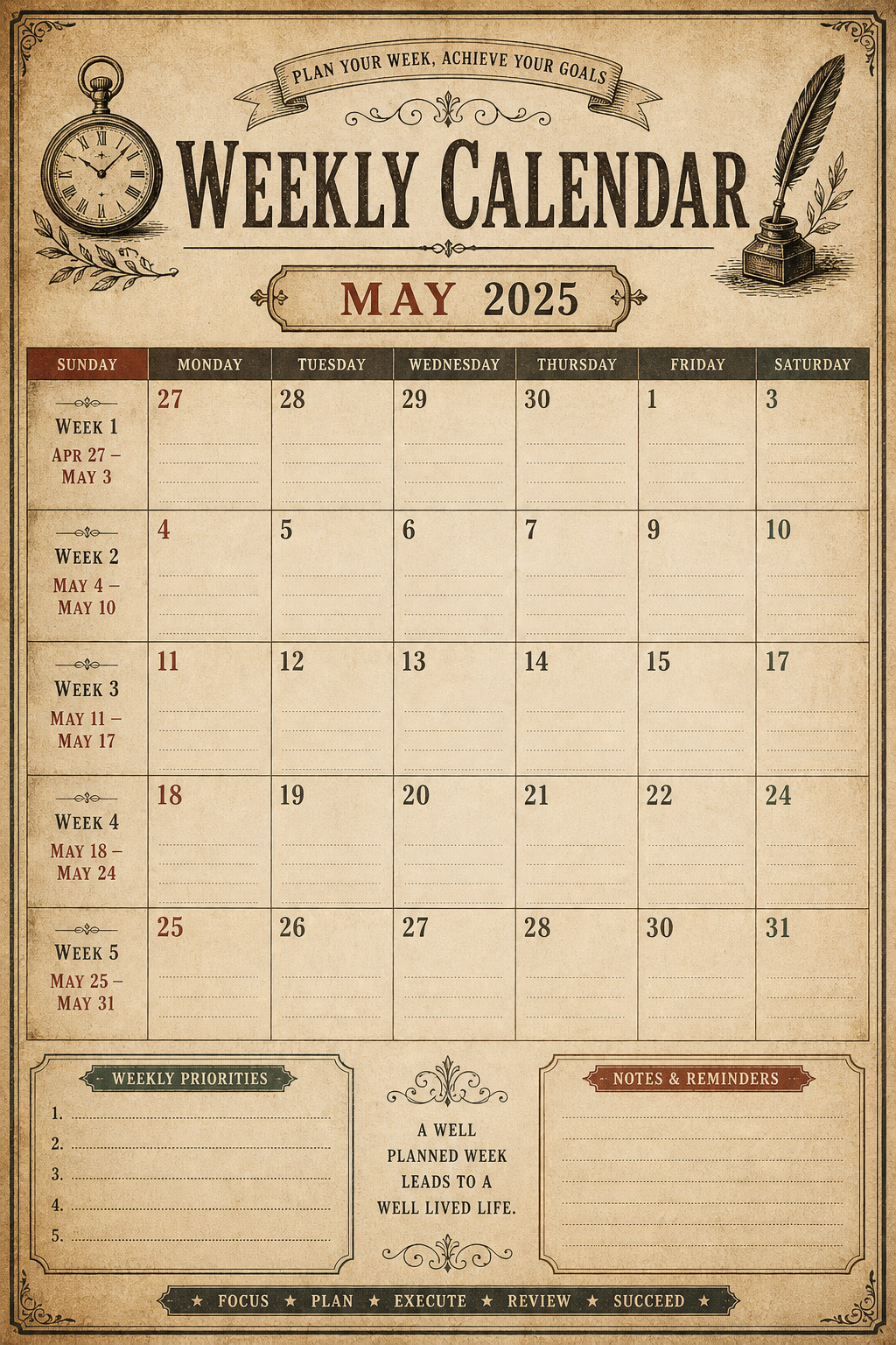 Weekly Calendar — vintage style calendar page