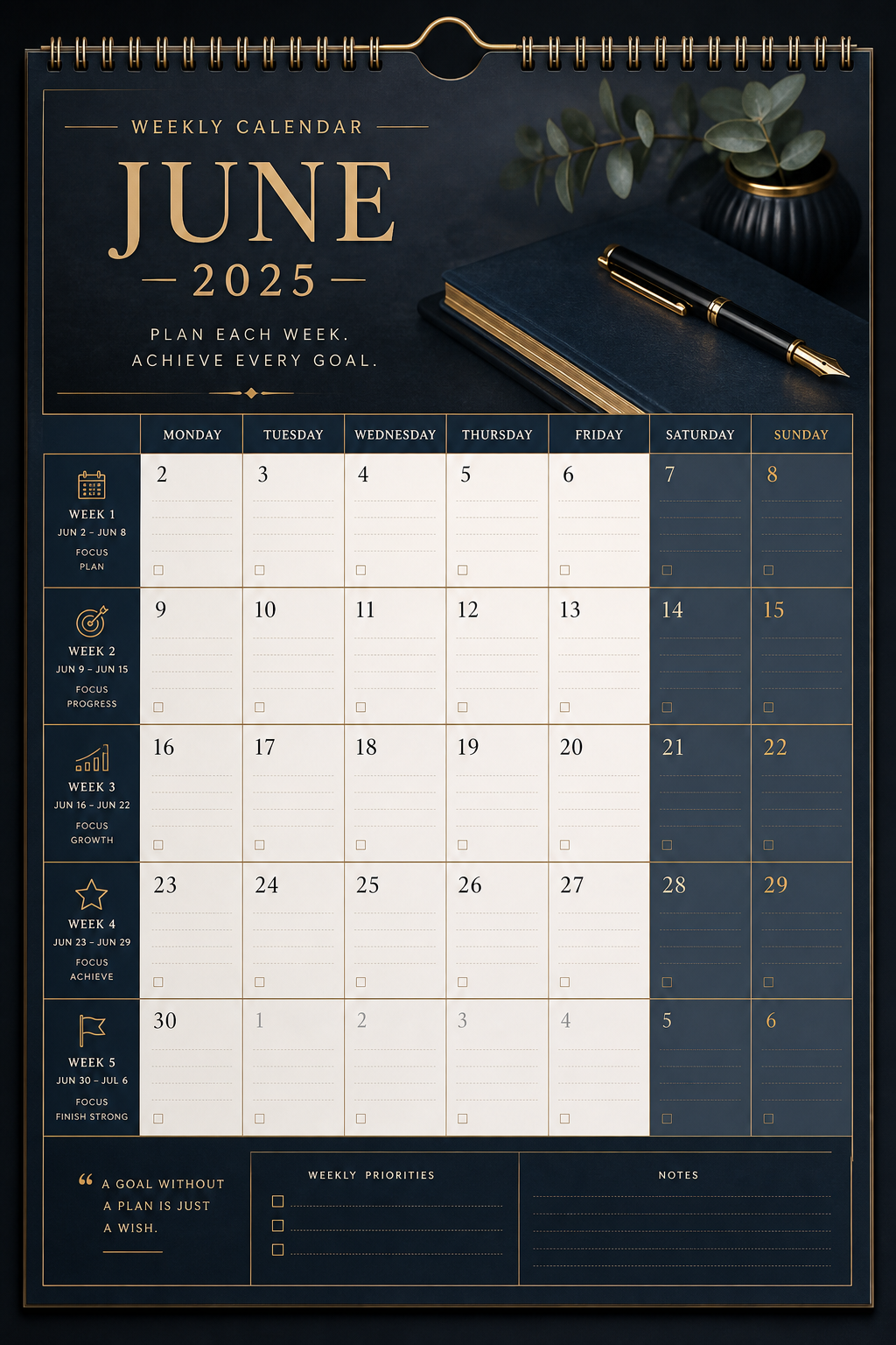 Weekly Calendar — elegant style calendar page