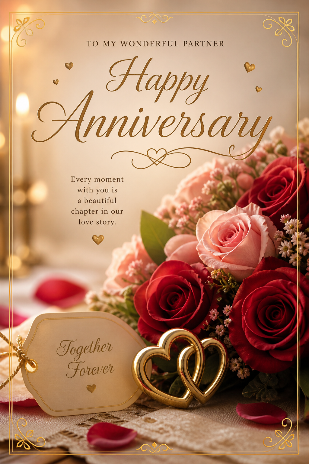 Anniversary Card — photo-realistic style card design, featuring romantic florals, gold accents, elegant typography, soft warm lighting