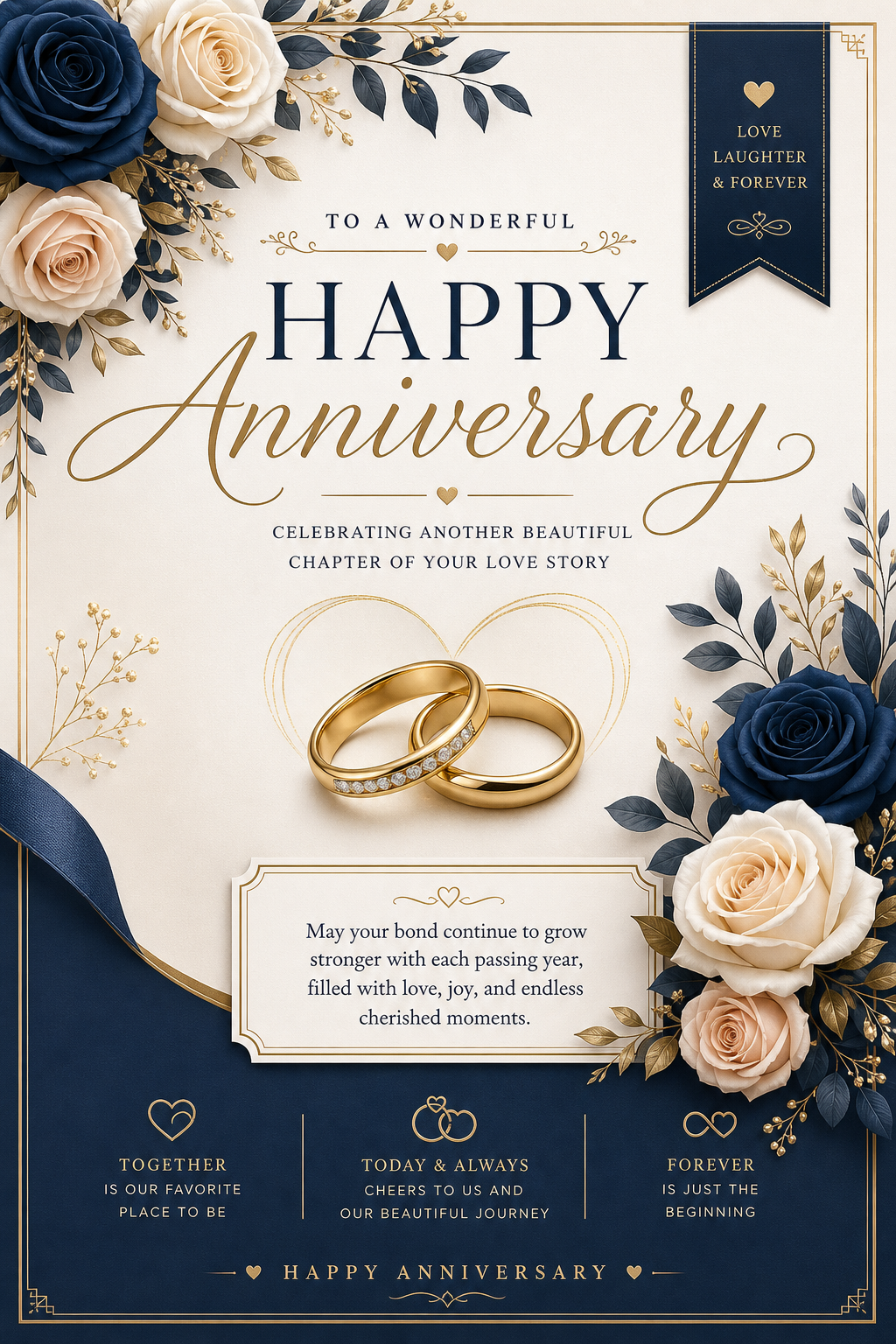 Anniversary Card — corporate style card design, featuring romantic florals, gold accents, elegant typography, soft warm lighting