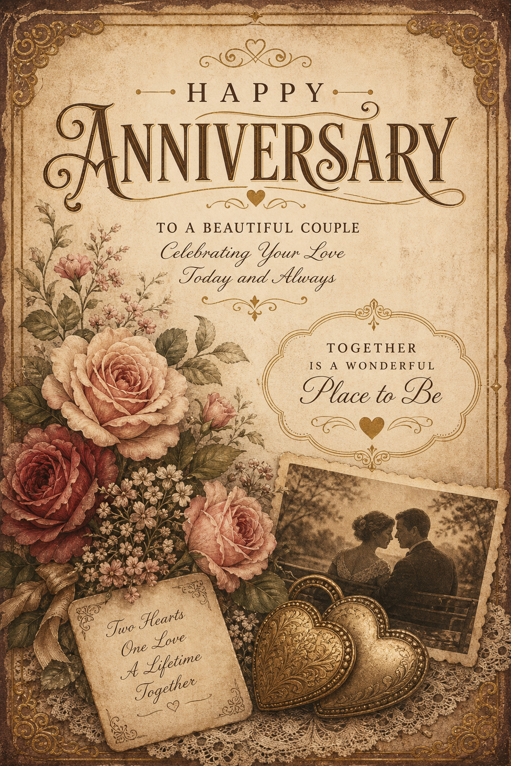 Anniversary Card — vintage style card design, featuring romantic florals, gold accents, elegant typography, soft warm lighting