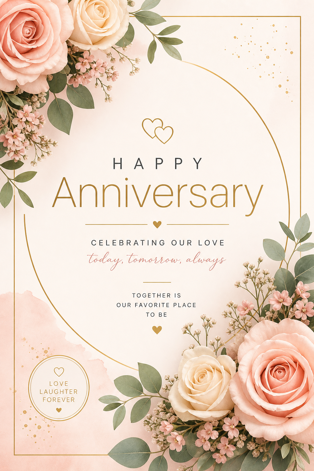 Anniversary Card — modern style card design, featuring romantic florals, gold accents, elegant typography, soft warm lighting