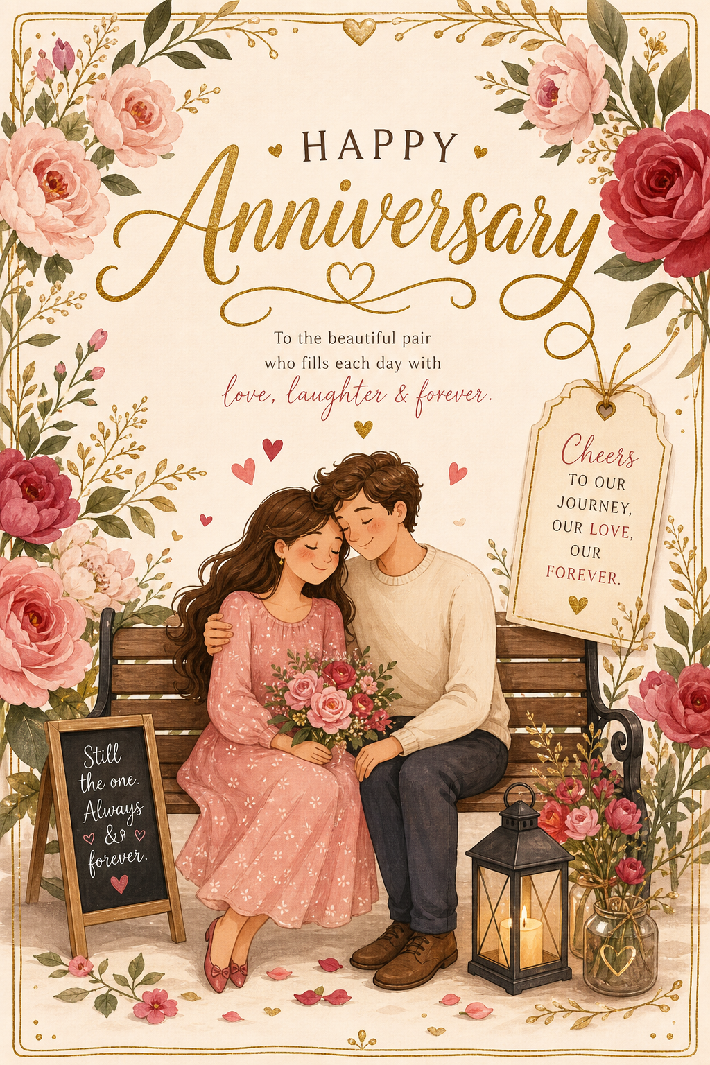 Anniversary Card — illustration style card design, featuring romantic florals, gold accents, elegant typography, soft warm lighting