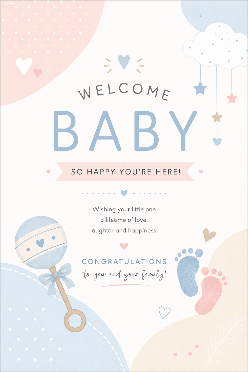 Baby Birth Card — modern style card design, featuring soft pastel colors, baby imagery (rattle, footprints), gentle palette