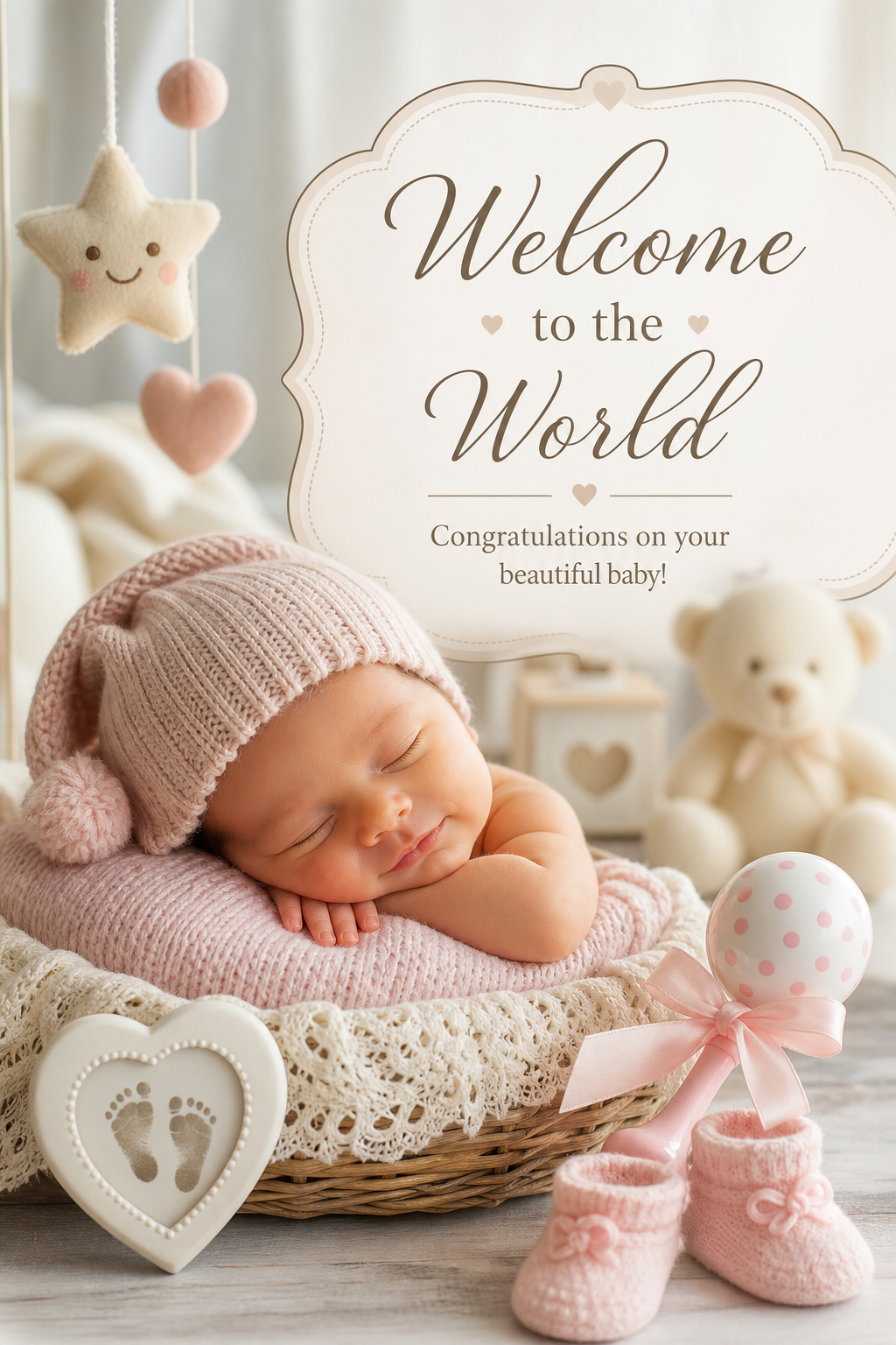 Baby Birth Card — photo-realistic style card design, featuring soft pastel colors, baby imagery (rattle, footprints), gentle palette