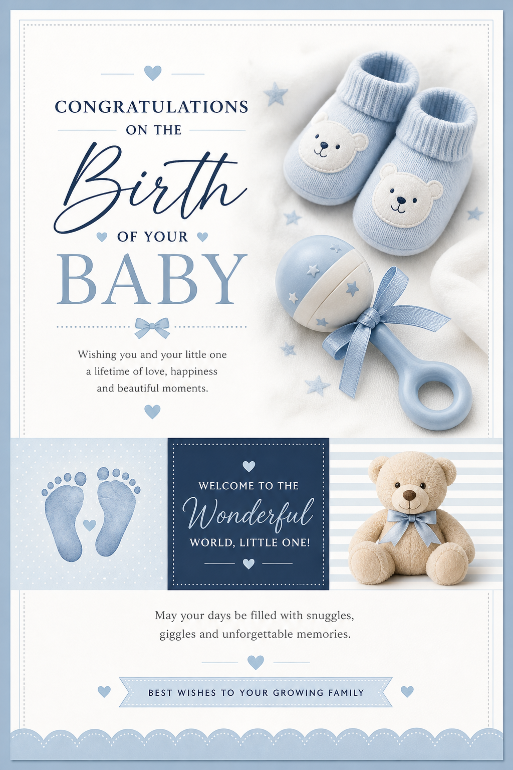 Baby Birth Card — corporate style card design, featuring soft pastel colors, baby imagery (rattle, footprints), gentle palette