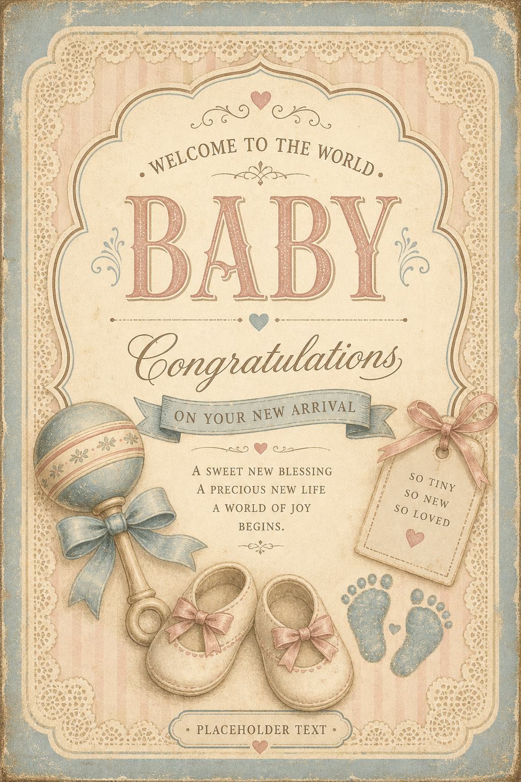Baby Birth Card — vintage style card design, featuring soft pastel colors, baby imagery (rattle, footprints), gentle palette