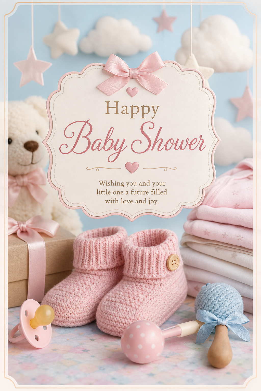 Baby Shower Card — photo-realistic style card design, featuring soft pastels, baby motifs (booties, rattles, pacifiers), gentle clouds