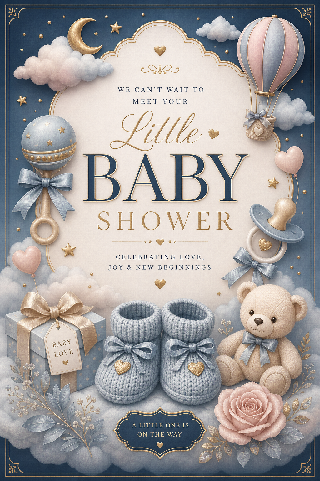 Baby Shower Card — elegant style card design, featuring soft pastels, baby motifs (booties, rattles, pacifiers), gentle clouds