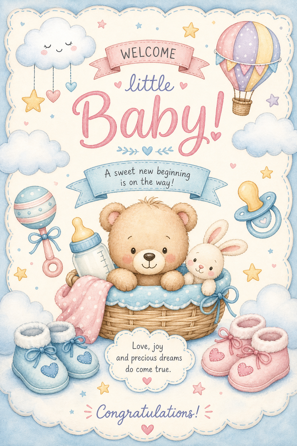 Baby Shower Card — illustration style card design, featuring soft pastels, baby motifs (booties, rattles, pacifiers), gentle clouds