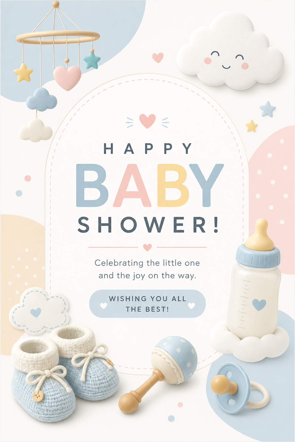 Baby Shower Card — modern style card design, featuring soft pastels, baby motifs (booties, rattles, pacifiers), gentle clouds