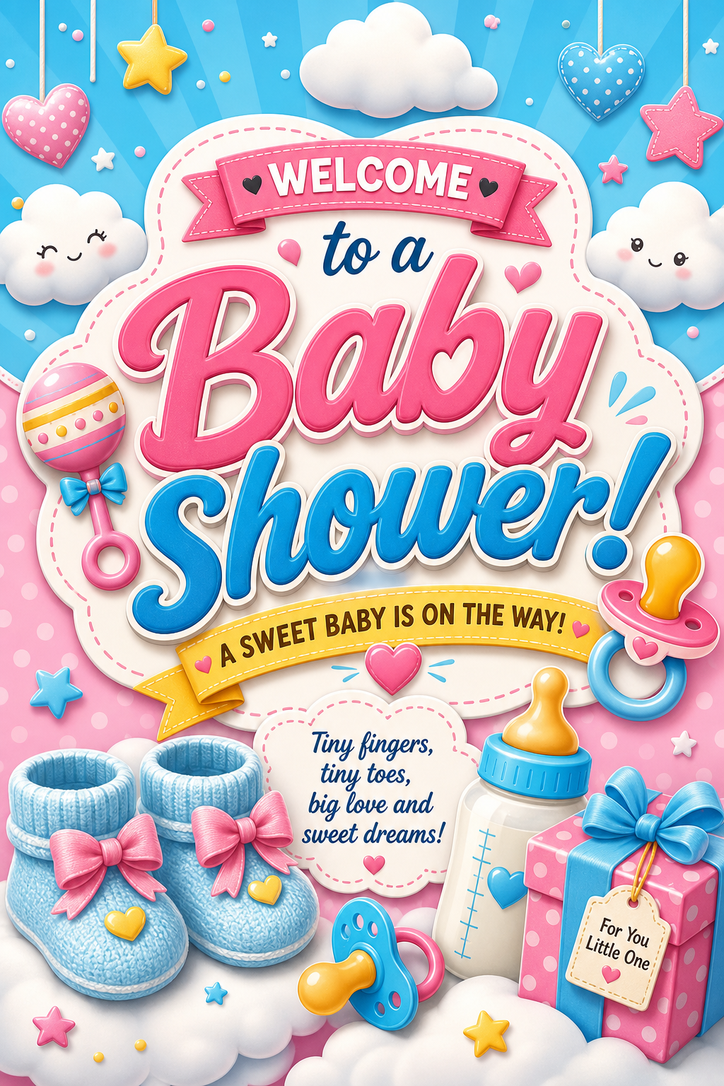 Baby Shower Card — vibrant style card design, featuring soft pastels, baby motifs (booties, rattles, pacifiers), gentle clouds