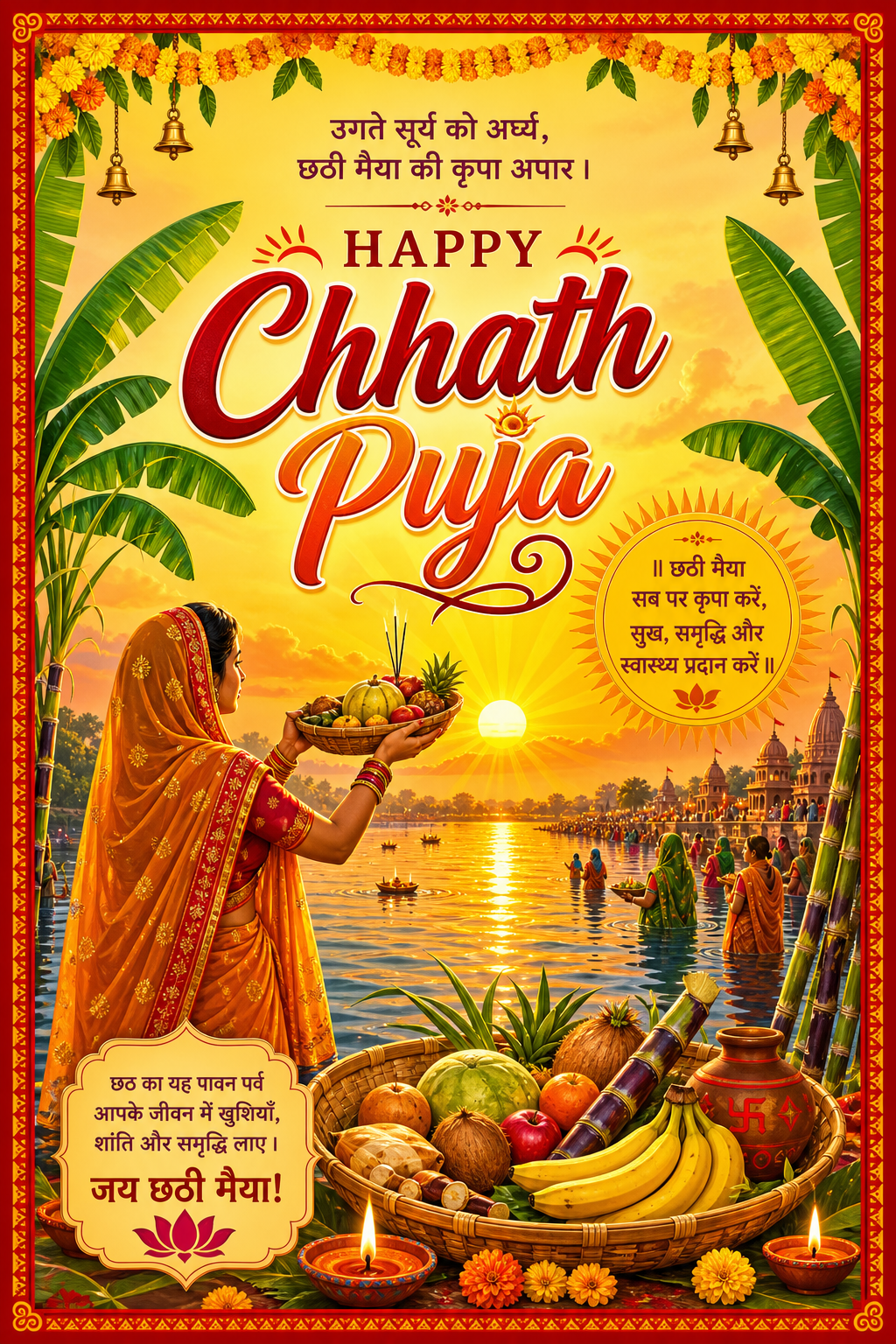 Chhath Puja Card — vibrant style card design, featuring rising sun, river setting, banana leaves, traditional offerings, sunrise gold tones