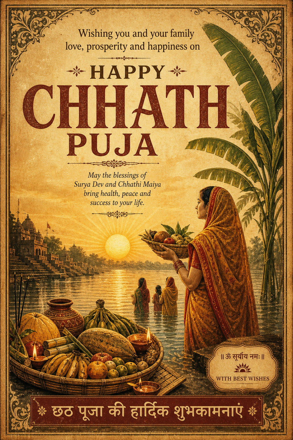 Chhath Puja Card — vintage style card design, featuring rising sun, river setting, banana leaves, traditional offerings, sunrise gold tones