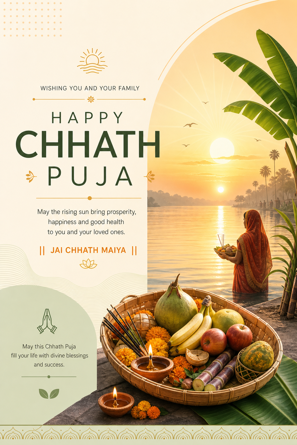 Chhath Puja Card — modern style card design, featuring rising sun, river setting, banana leaves, traditional offerings, sunrise gold tones