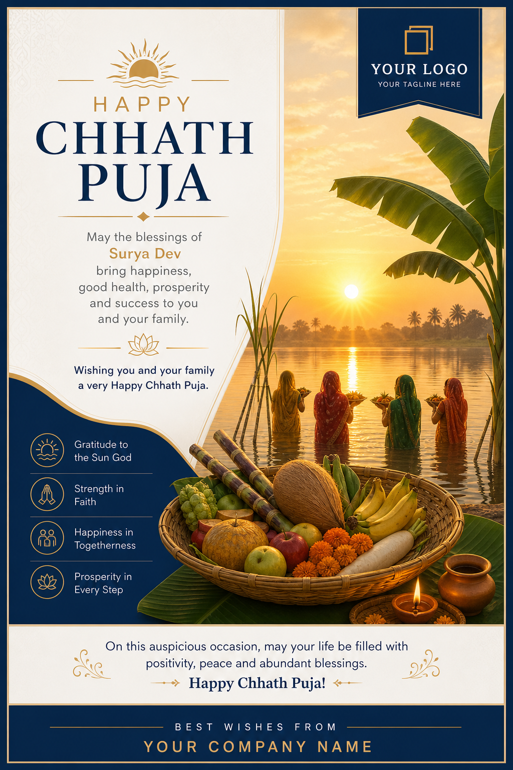 Chhath Puja Card — corporate style card design, featuring rising sun, river setting, banana leaves, traditional offerings, sunrise gold tones