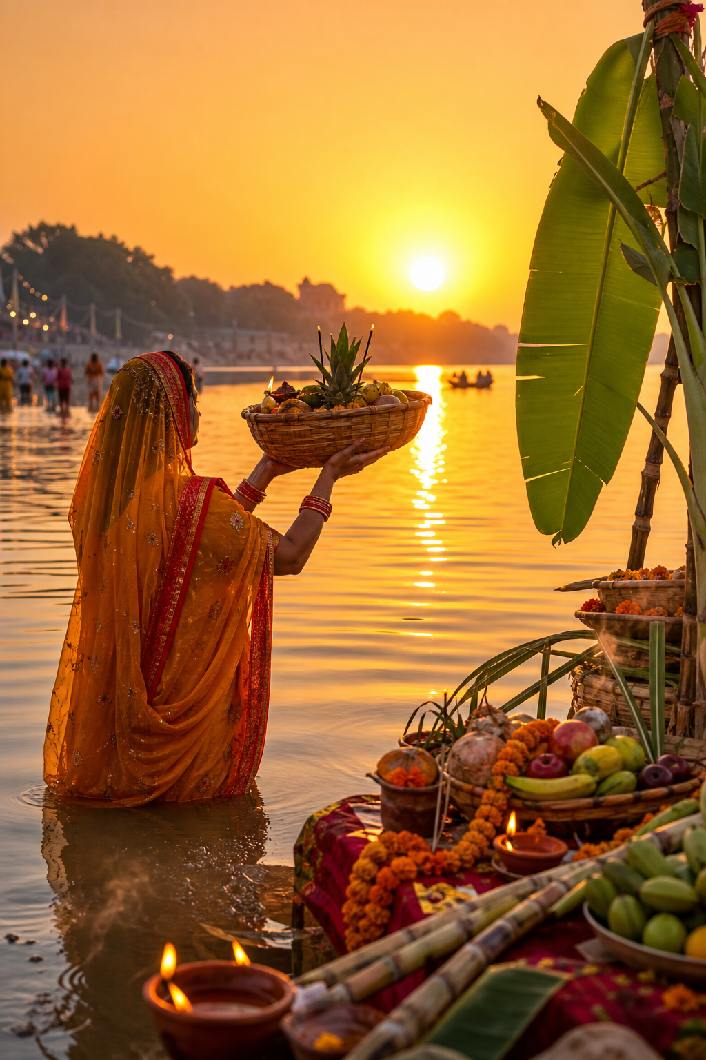 Chhath Puja Card — photo-realistic style card design, featuring rising sun, river setting, banana leaves, traditional offerings, sunrise gold tones
