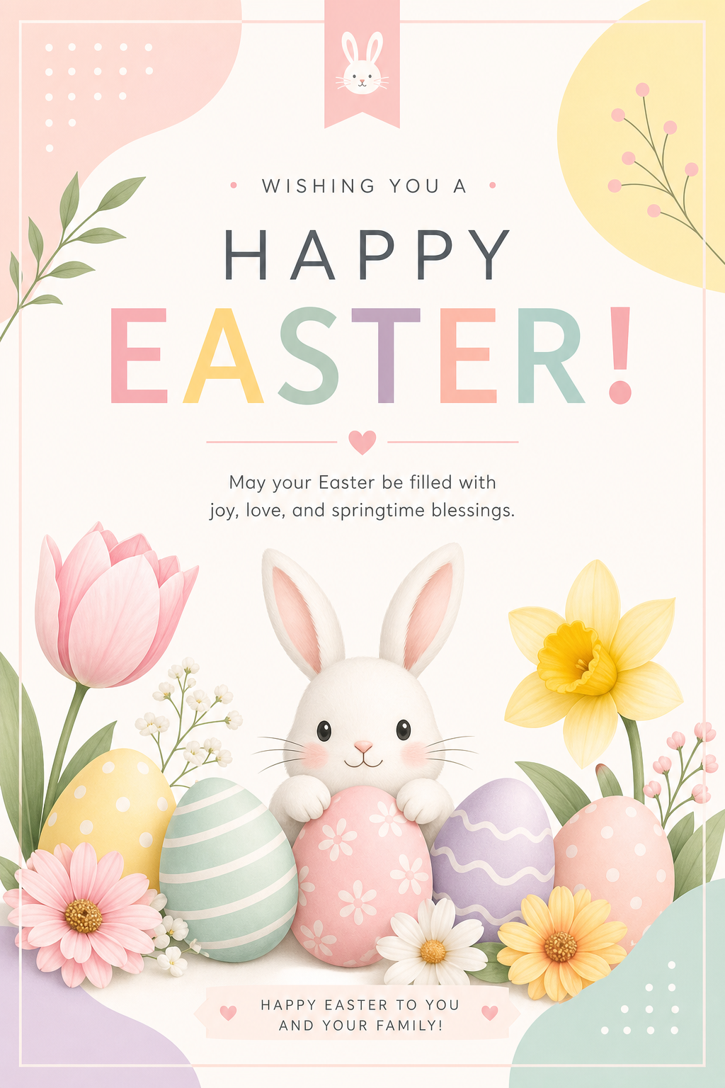 Easter Card — modern style card design, featuring pastel eggs, spring flowers, soft pinks and yellows, bunny motifs