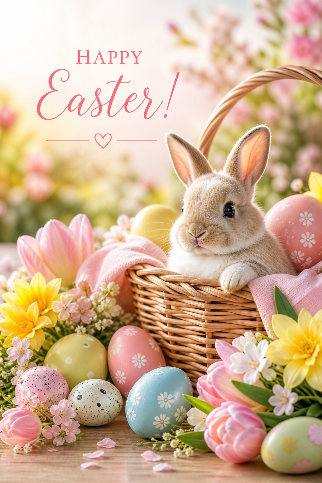 Easter Card — photo-realistic style card design, featuring pastel eggs, spring flowers, soft pinks and yellows, bunny motifs