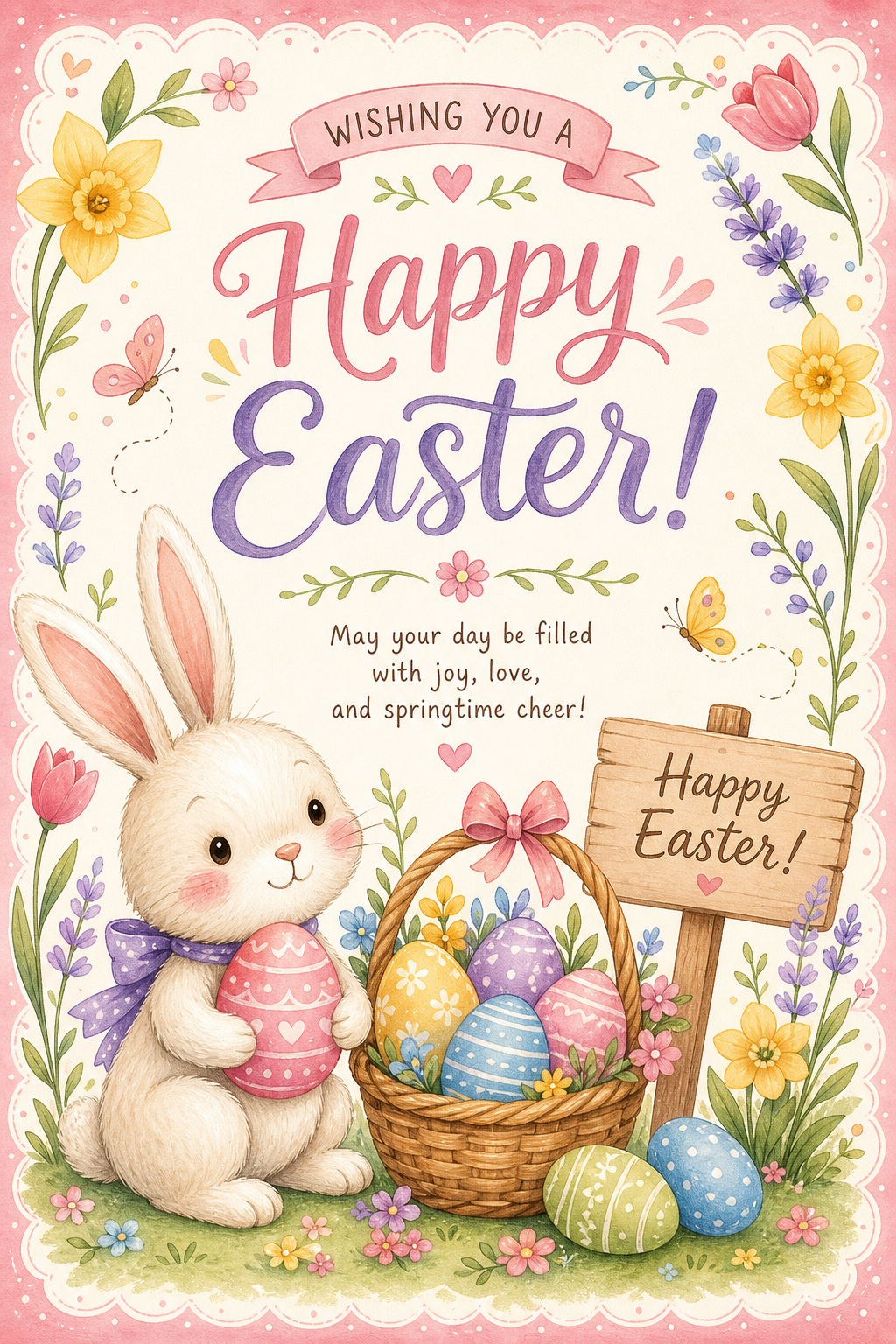 Easter Card — illustration style card design, featuring pastel eggs, spring flowers, soft pinks and yellows, bunny motifs