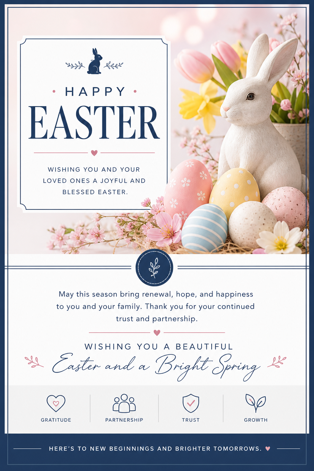 Easter Card — corporate style card design, featuring pastel eggs, spring flowers, soft pinks and yellows, bunny motifs