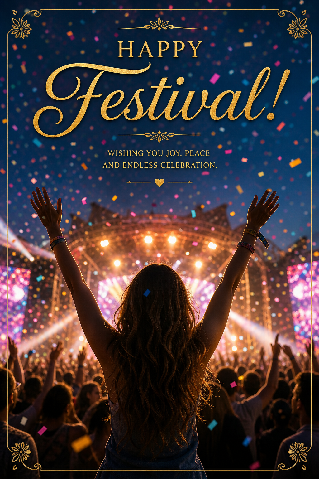 Festival Card — photo-realistic style card design, featuring crowd cheering, stage lights, vibrant celebration imagery