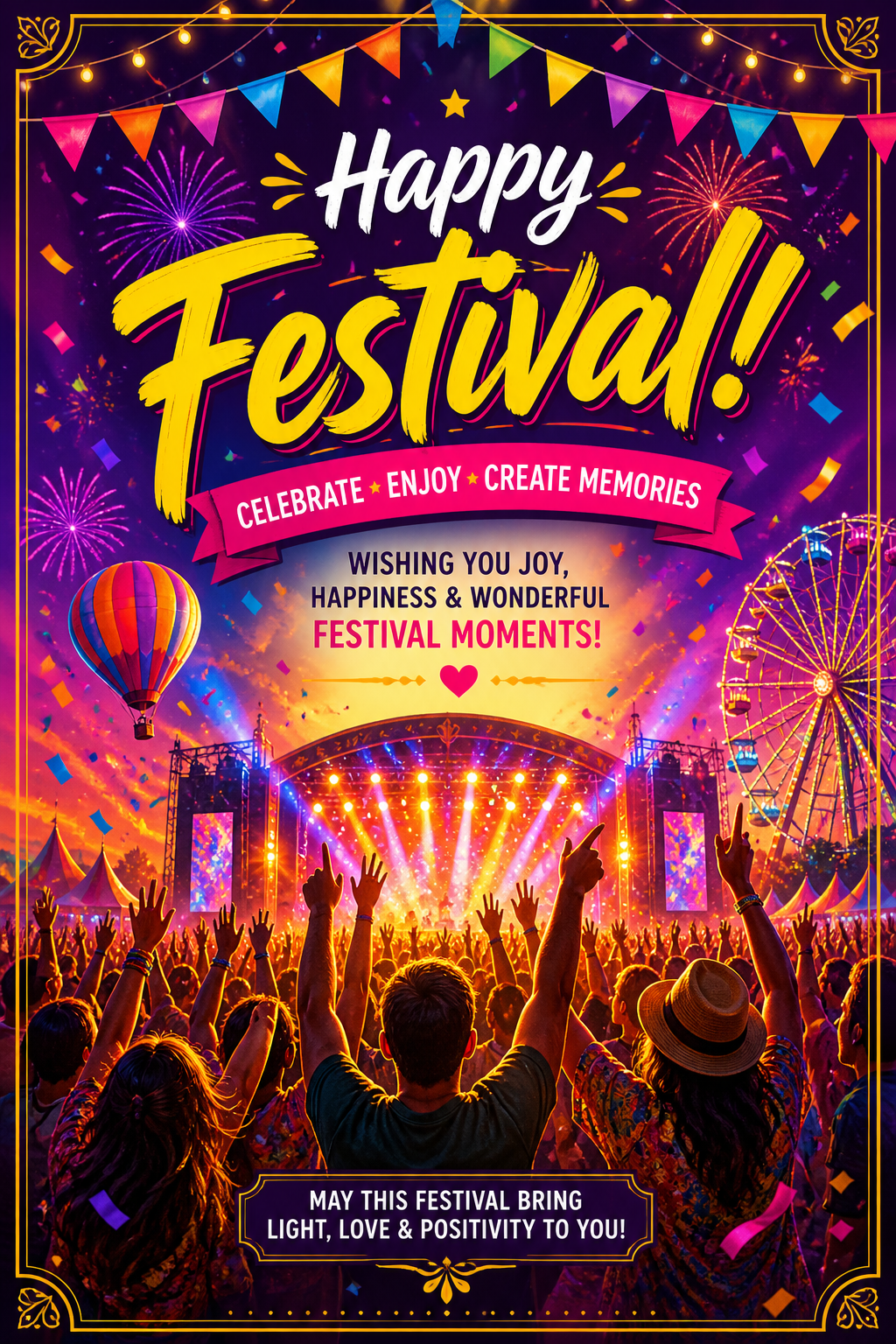 Festival Card — vibrant style card design, featuring crowd cheering, stage lights, vibrant celebration imagery