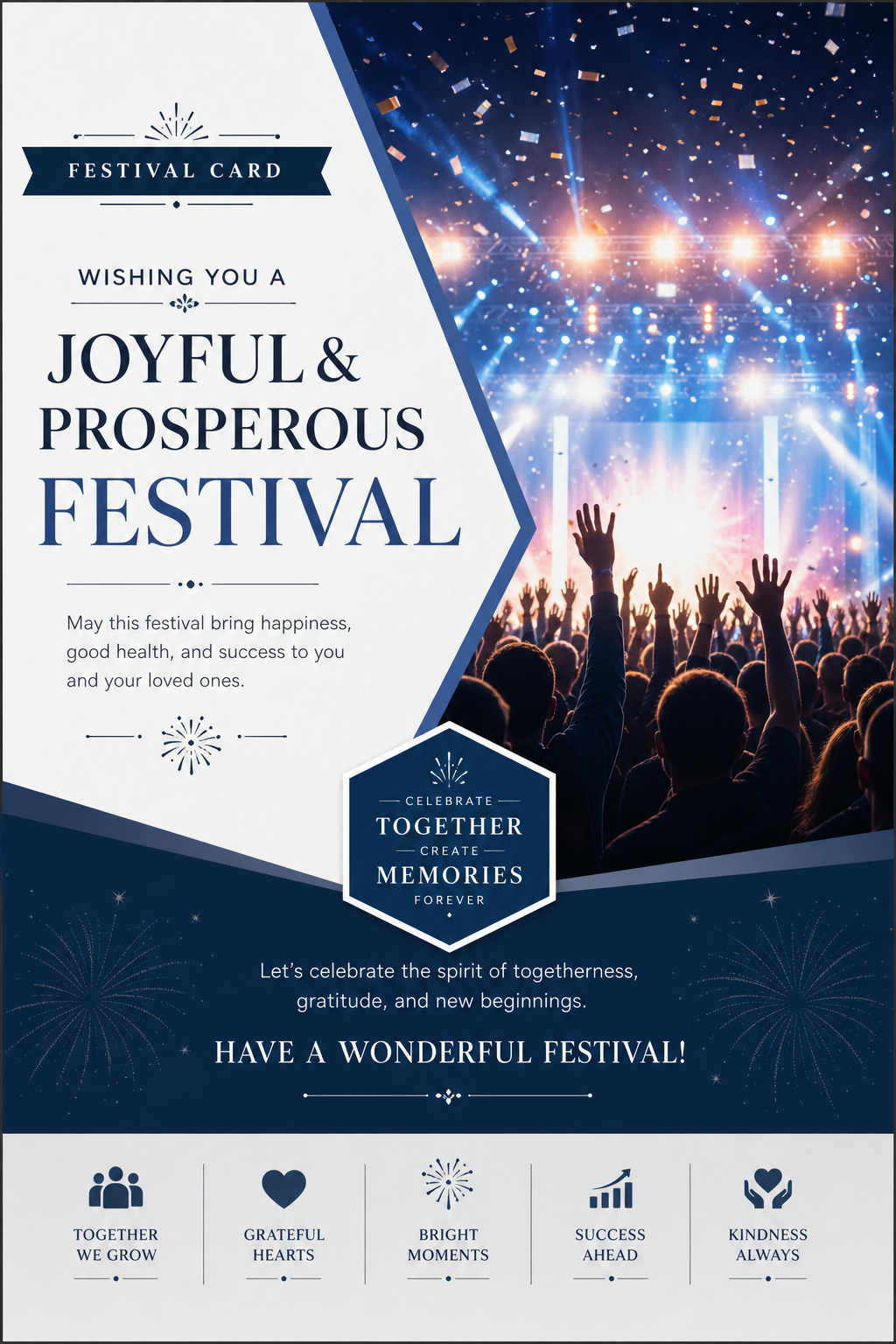 Festival Card — corporate style card design, featuring crowd cheering, stage lights, vibrant celebration imagery