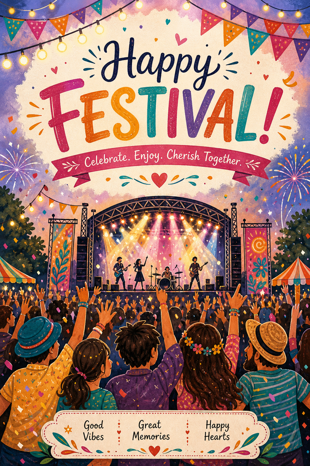 Festival Card — illustration style card design, featuring crowd cheering, stage lights, vibrant celebration imagery