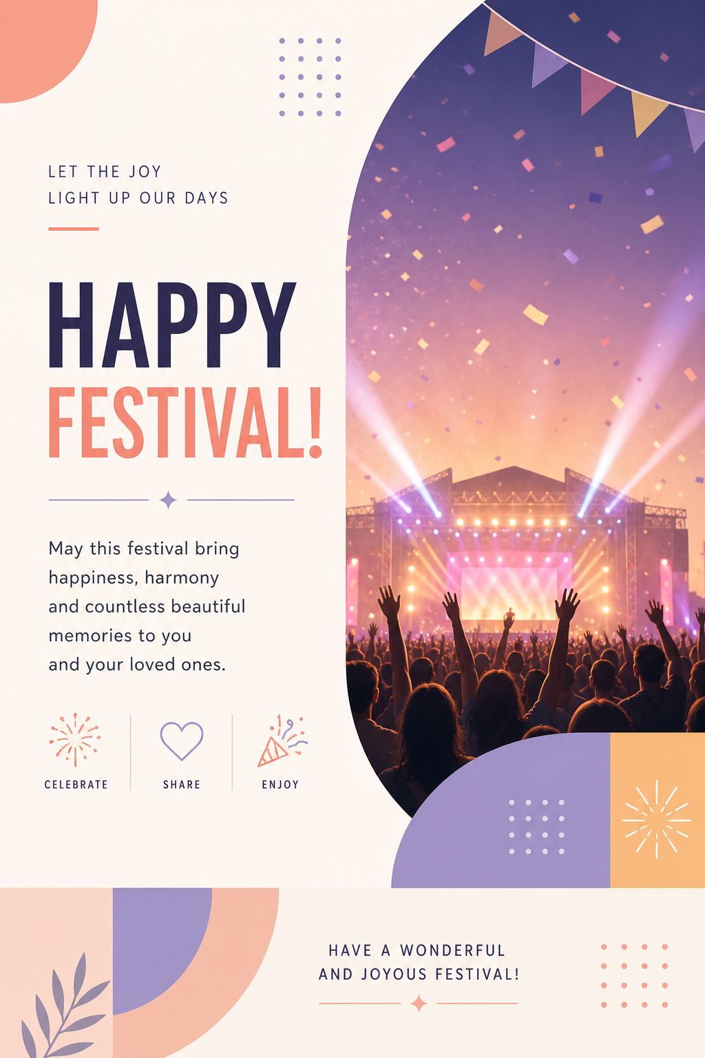 Festival Card — modern style card design, featuring crowd cheering, stage lights, vibrant celebration imagery