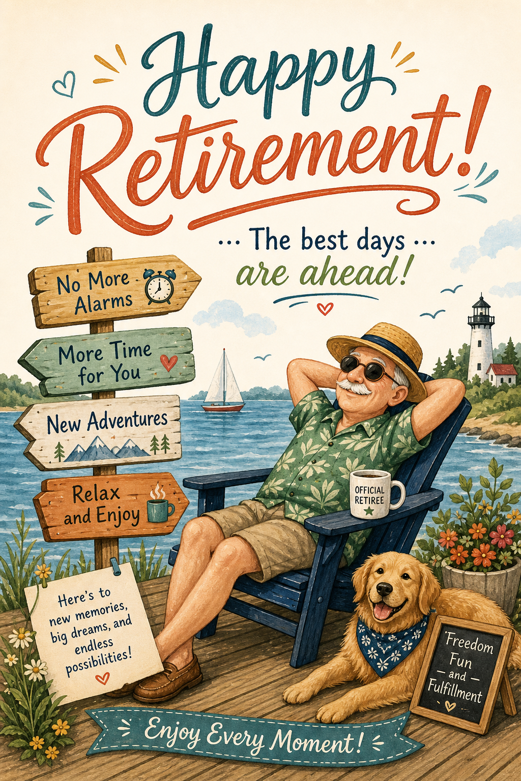 Happy Retirement Card — illustration style card design