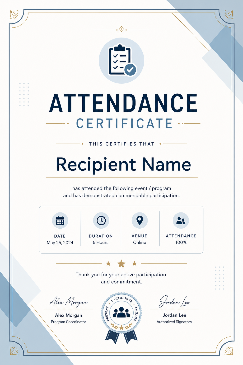Attendance Certificate — modern style certificate